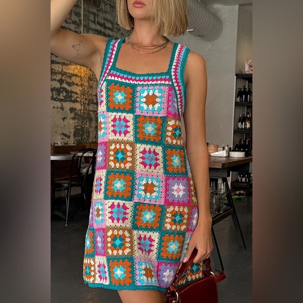 New In Crochet Patchwork Mini Dress Teal Pink Size Medium Large Beach Summer